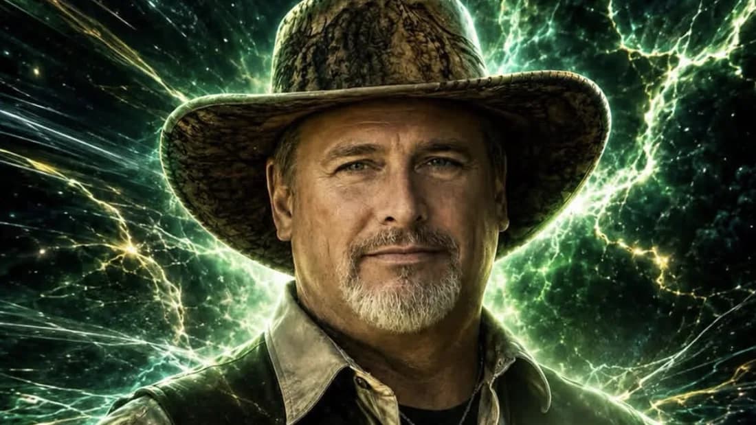 Stylized promotional portrait of Professor B in a wide-brimmed hat and leather vest, lit against streaks of green energy.
